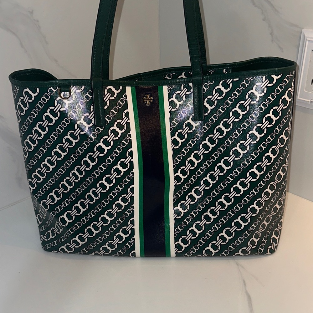 Tory Burch Patterned Tote in Green and Black